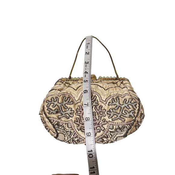 Vintage Handmade Bag Womens Silk Cream 60s Beaded Pearls French Mini Handbag - Picture 8 of 8
